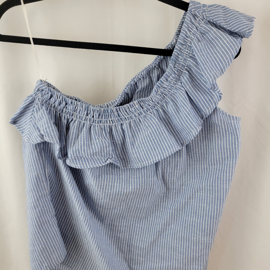 Nwt Love By Design Blue Stripe Ruffled 1 Shoulder Blouse Size Medium